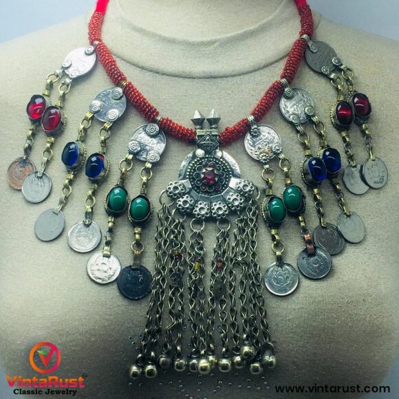 Dangling Coins and Stone Necklace, Beaded Necklace With Vintage Coins - Picture 2 of 6